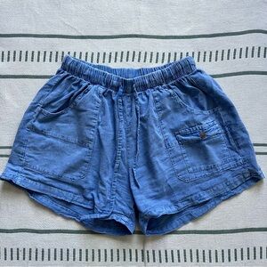 100% Cotton Linen Tie Shorts in Denim Blue